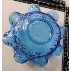 Blue Glass Dish Grapes Leaves Ruffled Art Glass  6x3